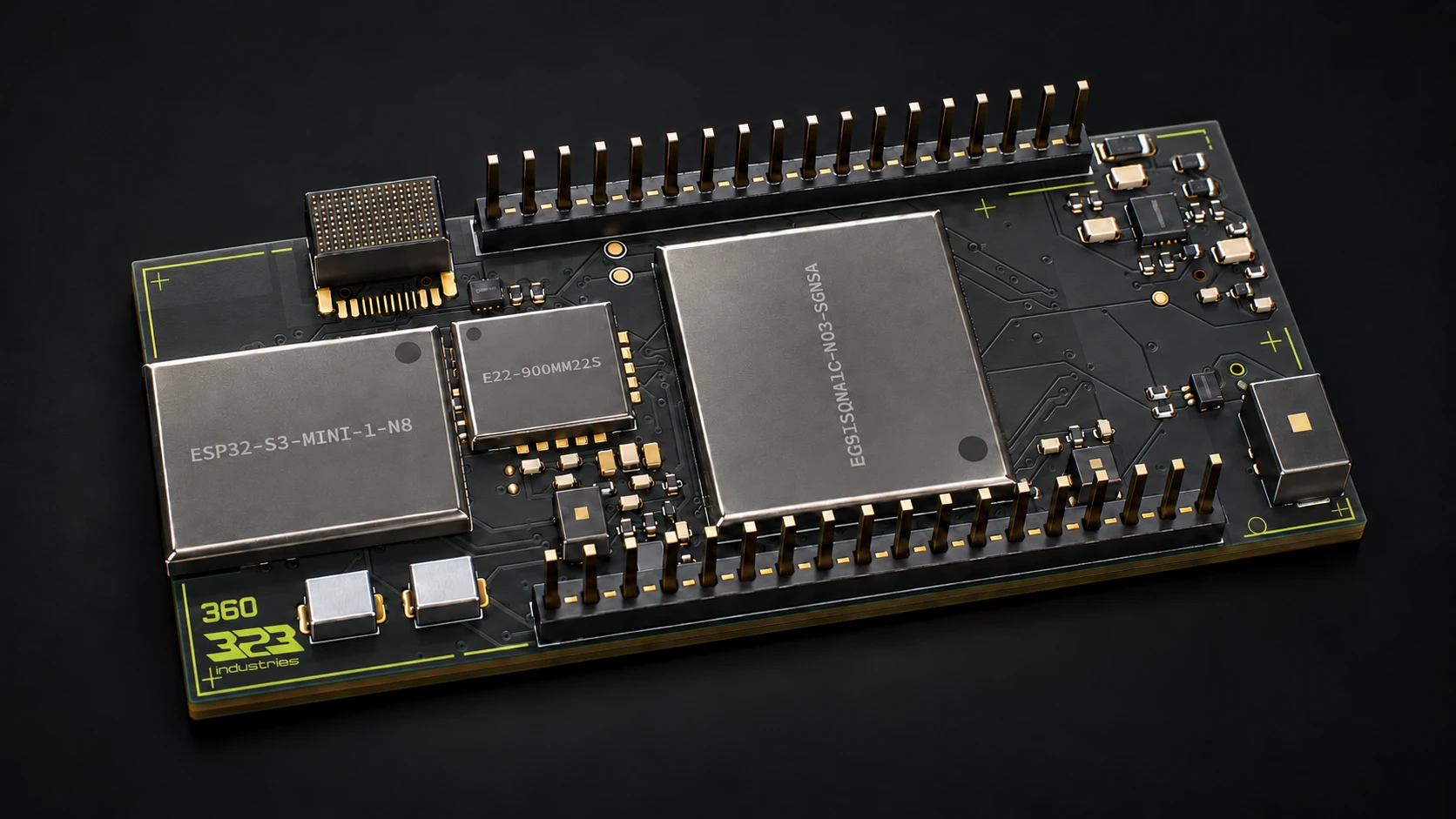 Studio design visualization of the 360 board with graphite-gray PCB, neon-green Signal logo, and silver modules
