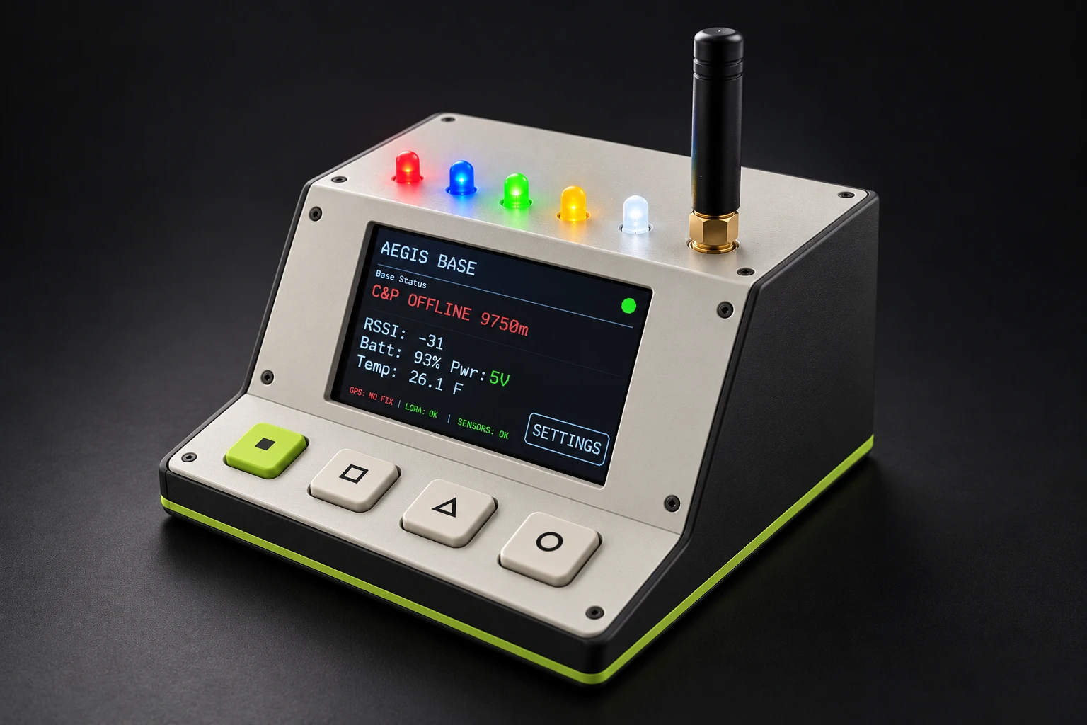 Aegis Base design visualization with silver panels, a black shell, four tactile buttons, five indicator lights, and Signal-green accents