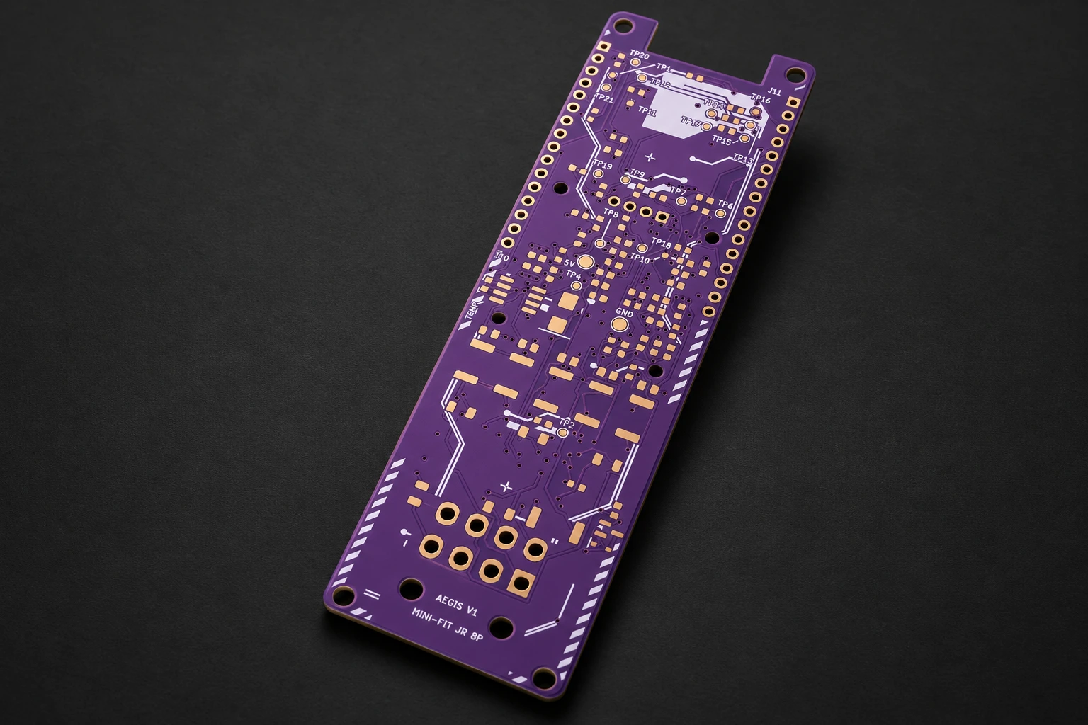 Studio visualization of the first Aegis V1 bare PCB, with purple solder mask and gold pads