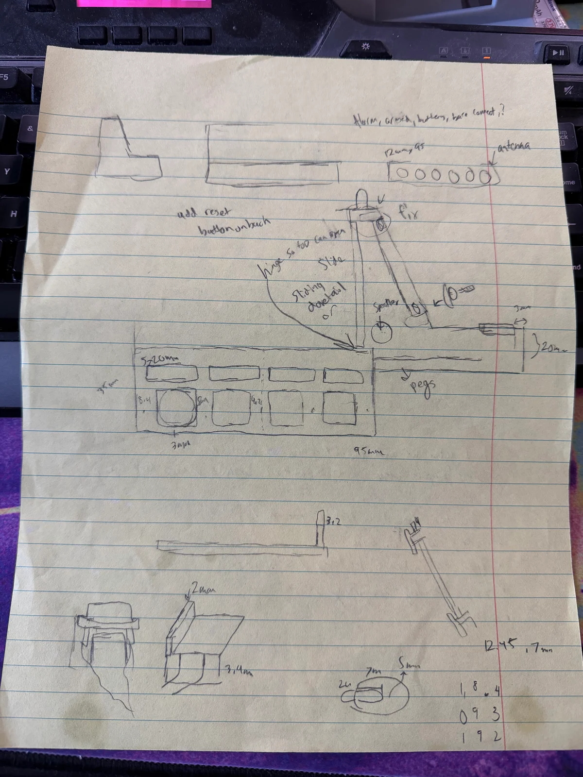 Original pencil sketches and handwritten measurements on lined notebook paper, page 1