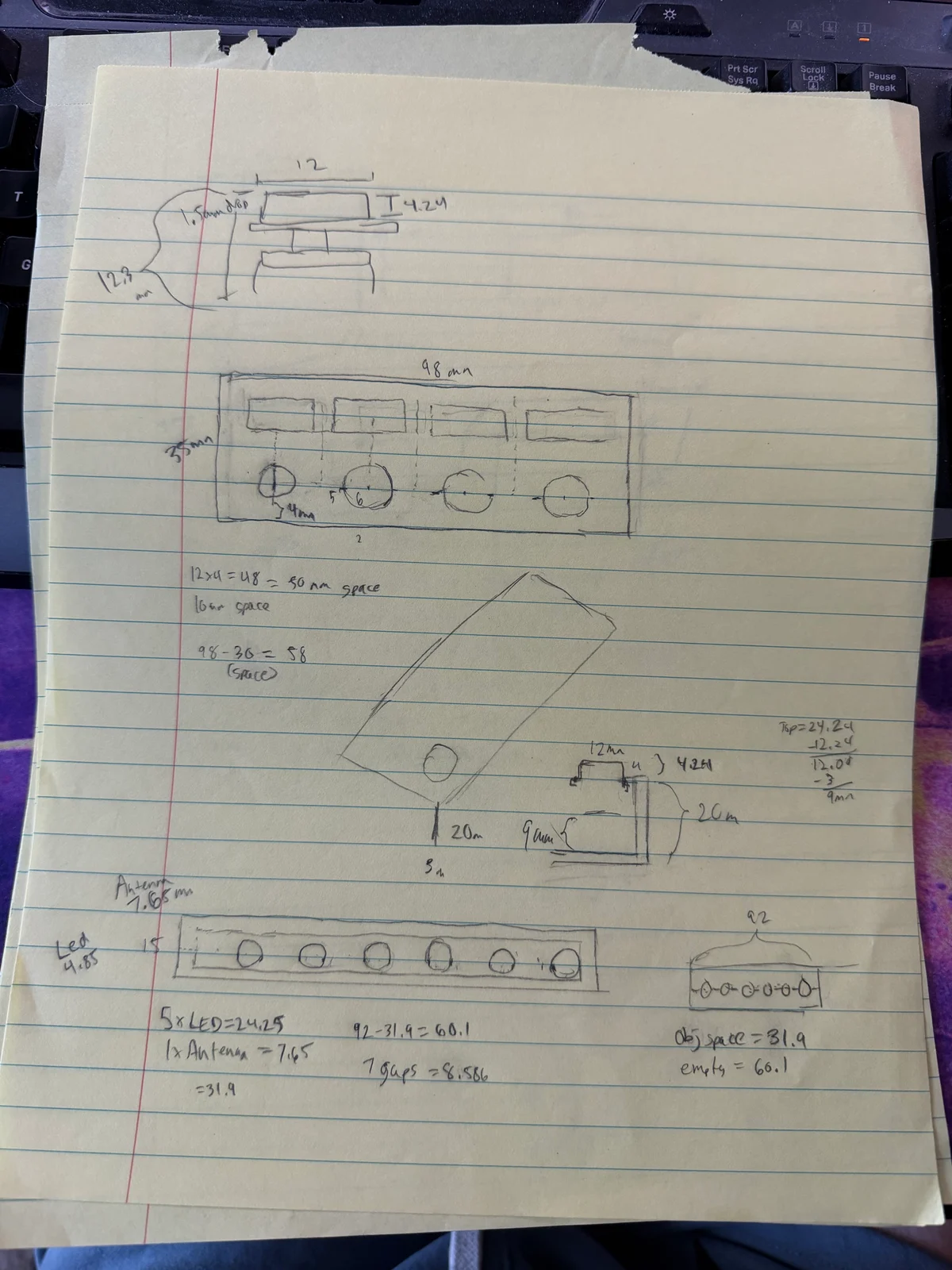 Original pencil sketches and handwritten measurements on lined notebook paper, page 3