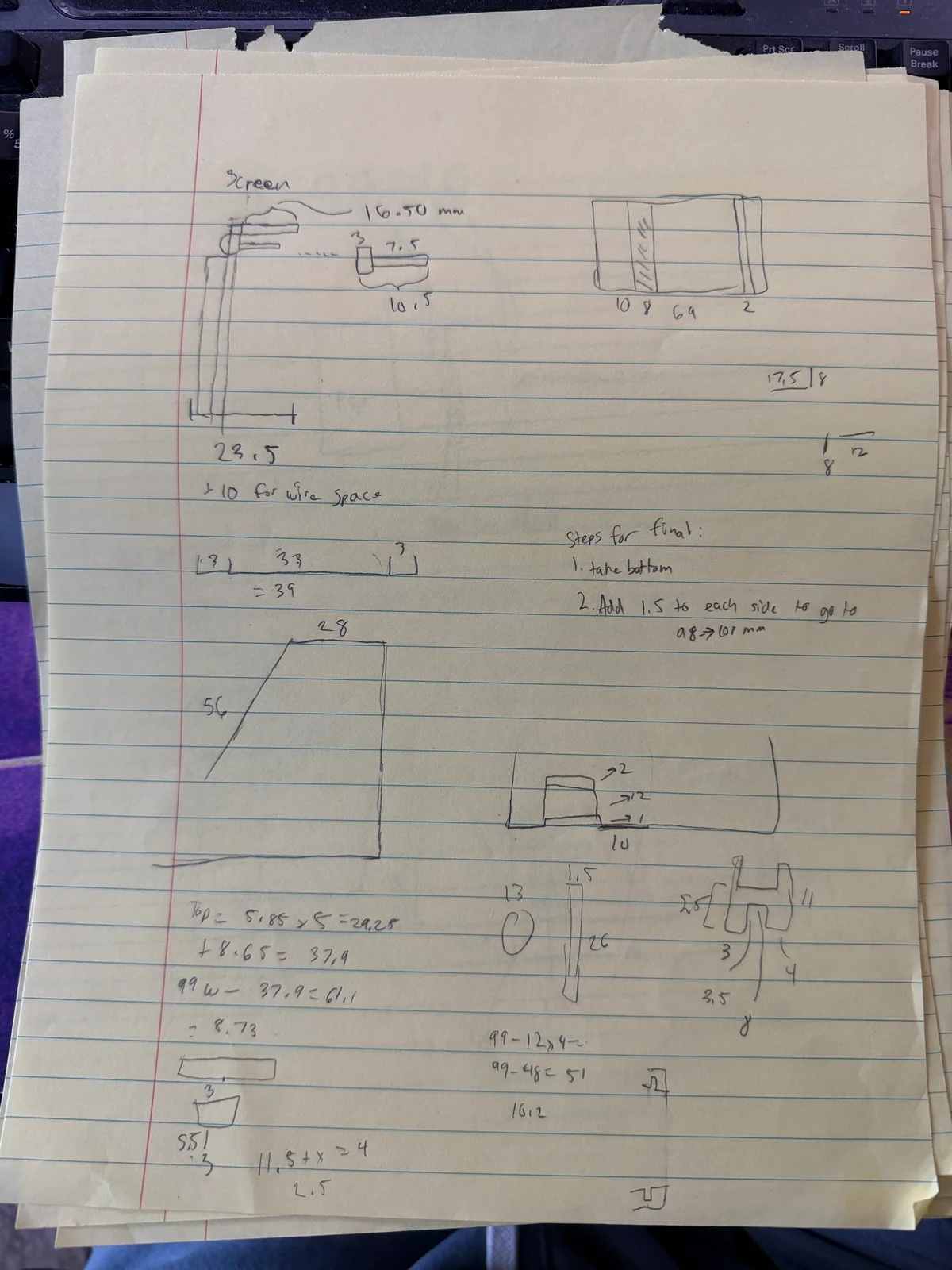 Original pencil sketches and handwritten measurements on lined notebook paper, page 5