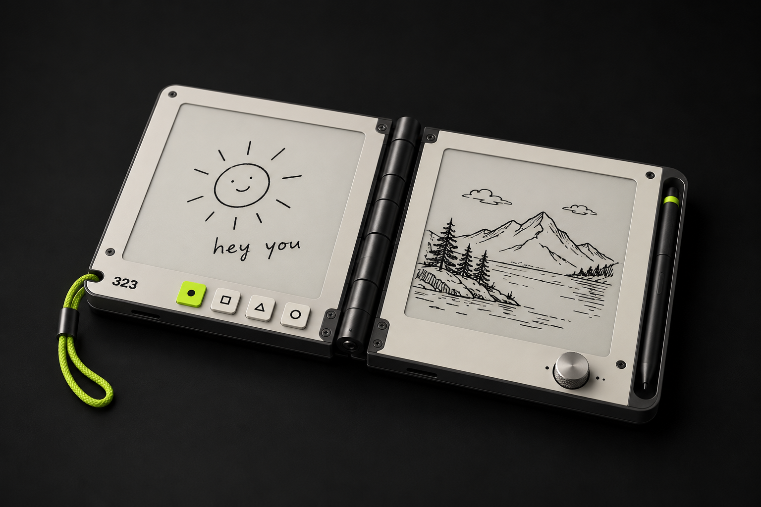 Design concept of a foldable Trace ink messaging pad with a silver and off-white shell, exposed hinge, tactile controls, and Signal-green accents